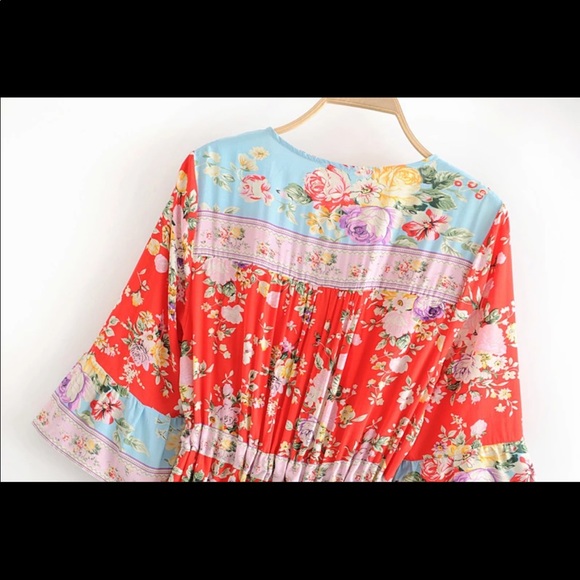 Red V Neck Boho Floral Gypsy Print Maxi Dress - Picture 9 of 16